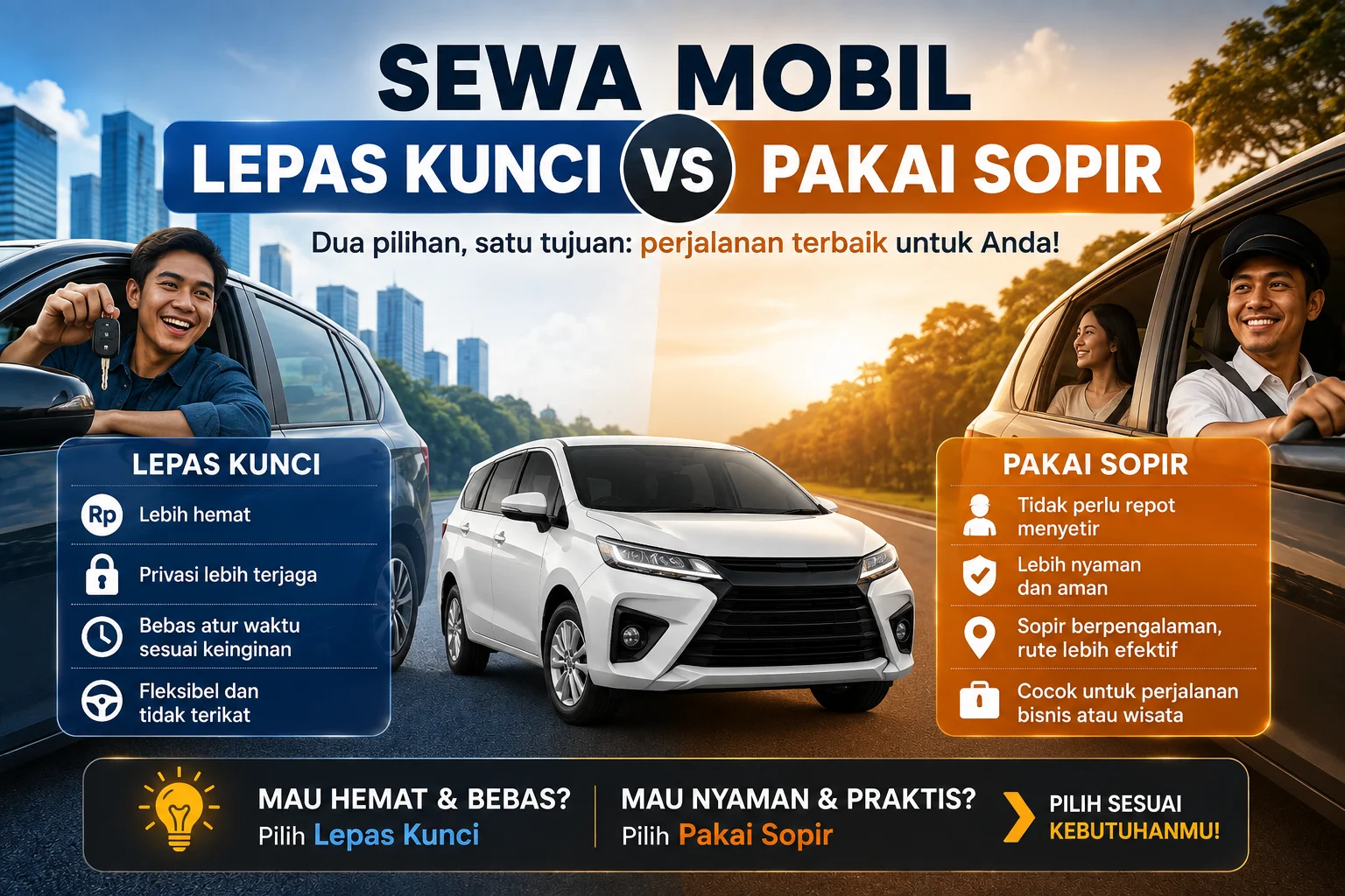 Sewa mobil lepas kunci vs pakai supir